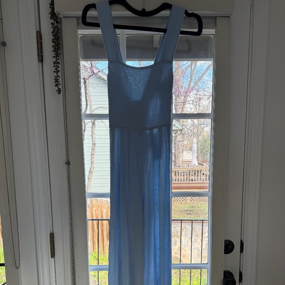 Promesa Sky Blue Cotton/Linen Crossback Romper